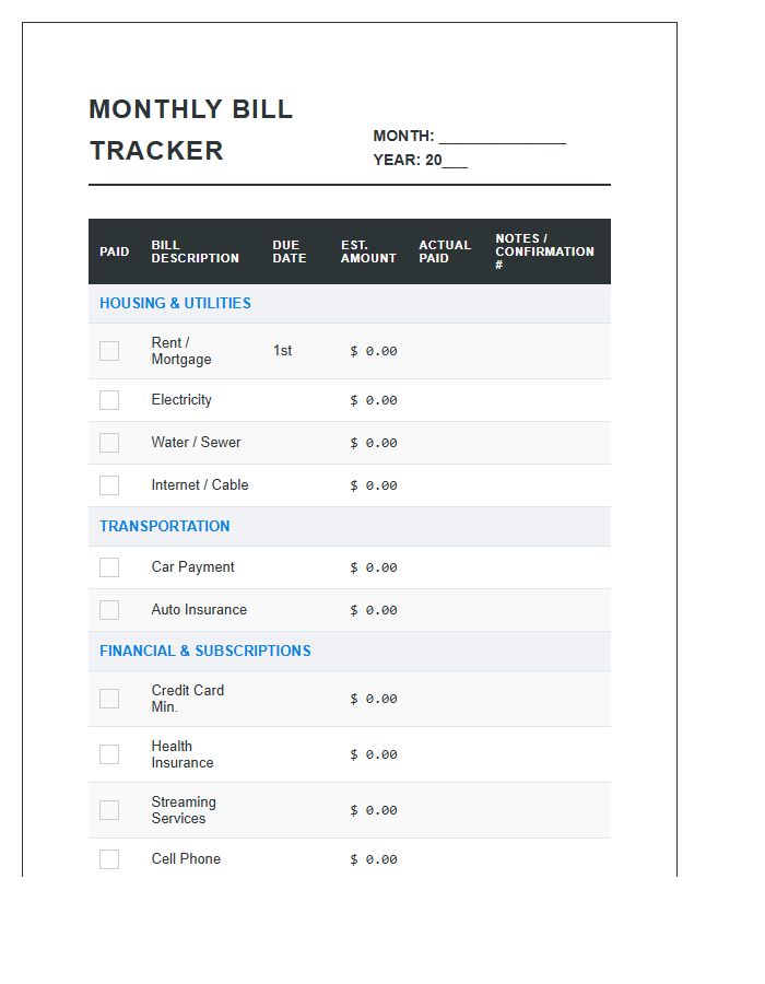 Detailed Household Bill Payment Printable Chart