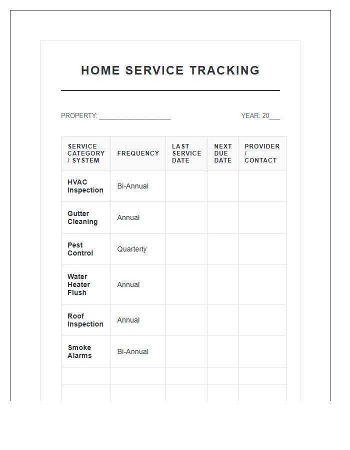 Essential Home Service Tracking Printable Chart