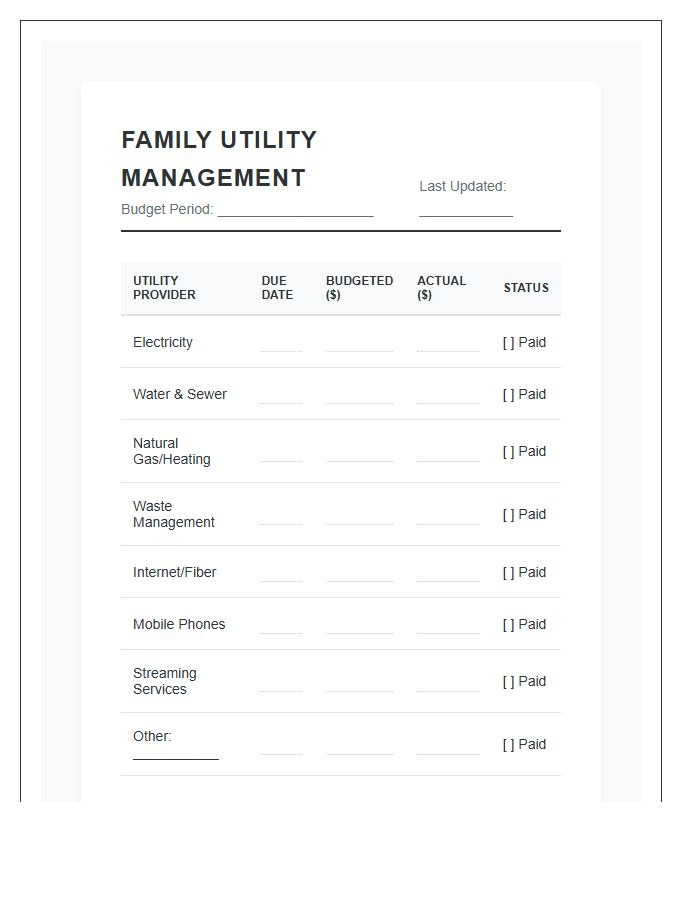 Family Budget Utility Management Printable Chart