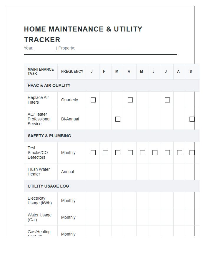 Home Maintenance Utility Tracking Printable Chart