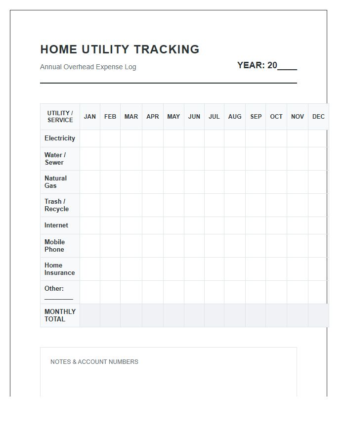 Home Utility Overhead Tracking Printable Chart