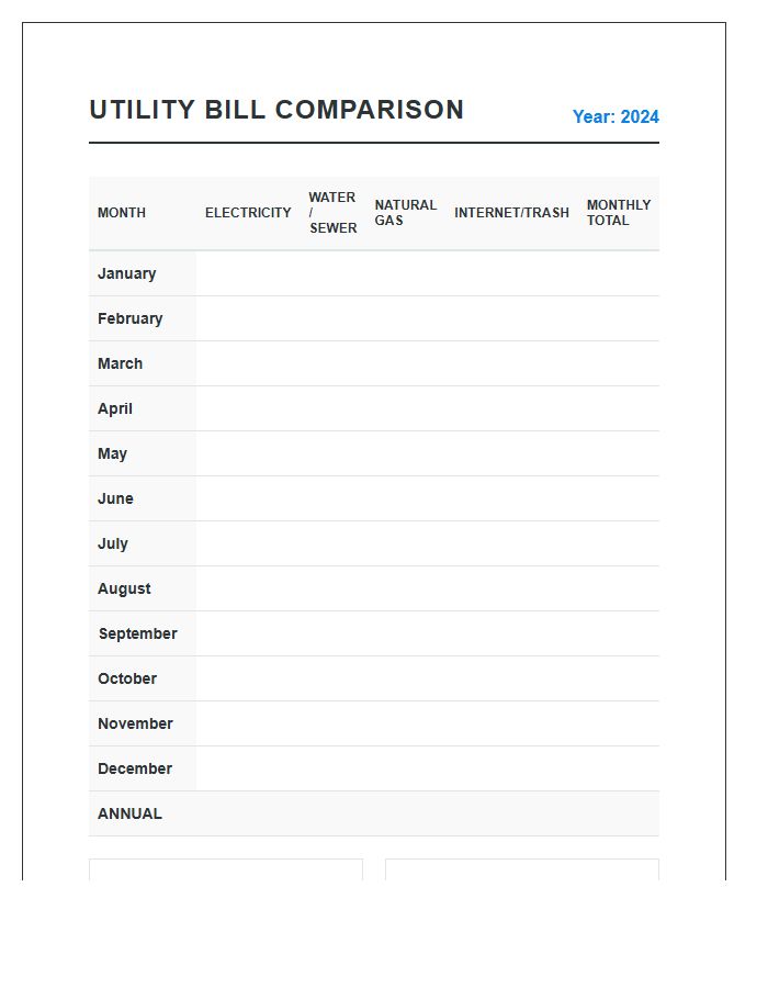 Household Utility Bill Comparison Printable Chart