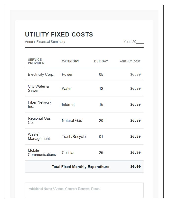 Household Utility Fixed Costs Printable Chart