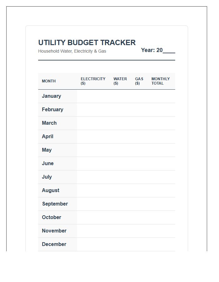 Household Water Electricity Gas Printable Budget Chart