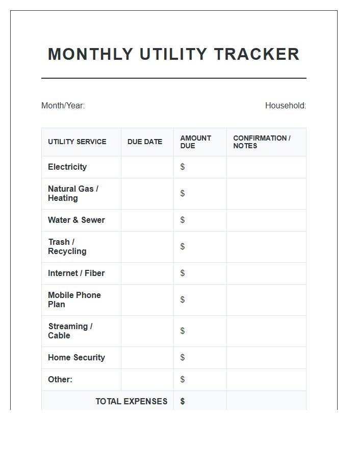 Monthly Home Utility Expense Printable Chart