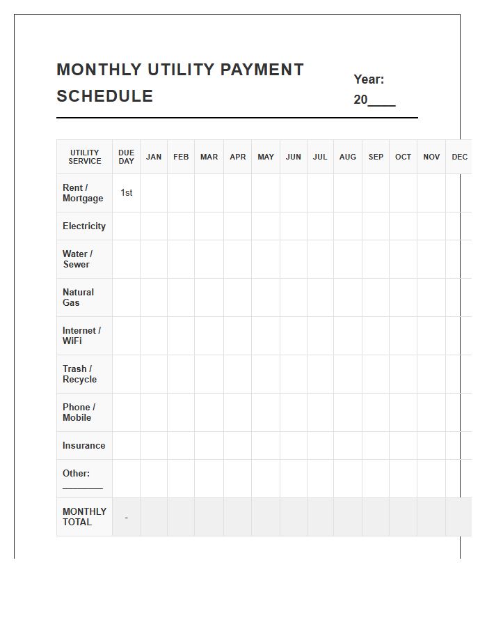 Monthly Utility Payment Schedule Printable Chart