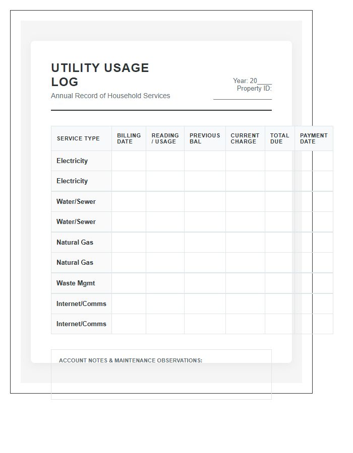 Professional Household Utility Log Printable Chart
