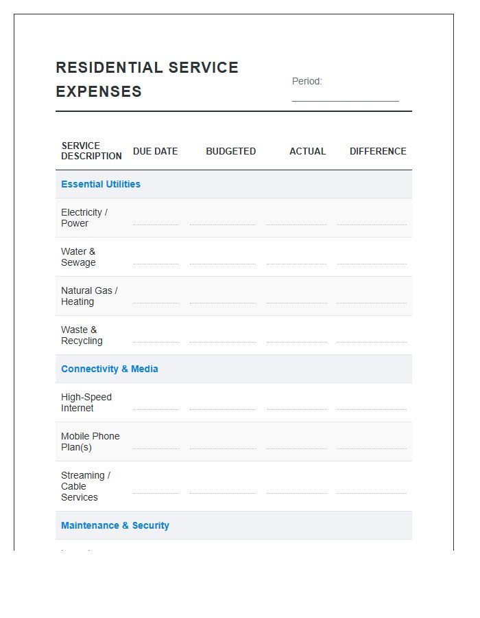 Residential Service Expense Printable Budget Chart