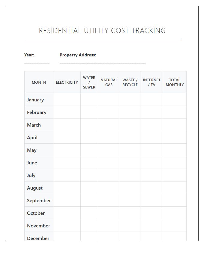 Residential Utility Cost Tracking Printable Chart