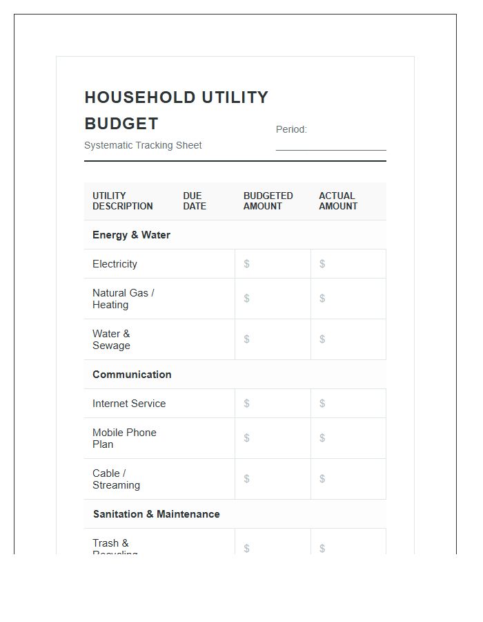 Systematic Household Utility Printable Budget Chart