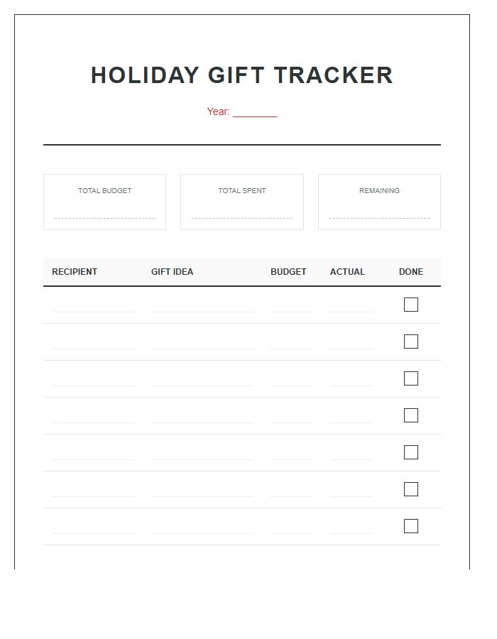 Annual Holiday Gift Printable Spending Chart