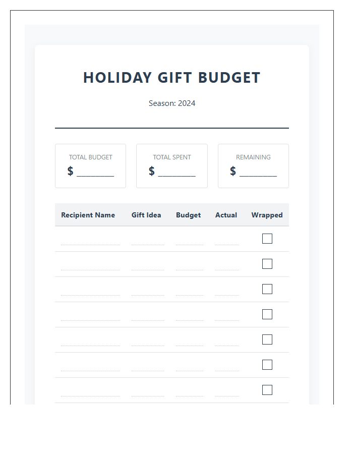 Complete Holiday Season Gift Printable Budget Chart