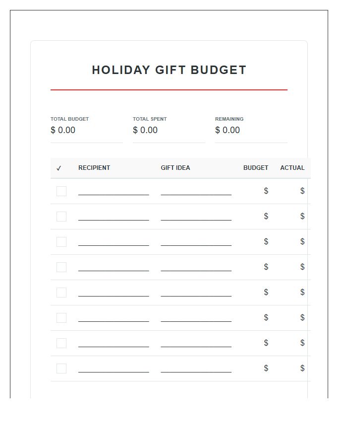 Family Holiday Gift Printable Budgeting Chart