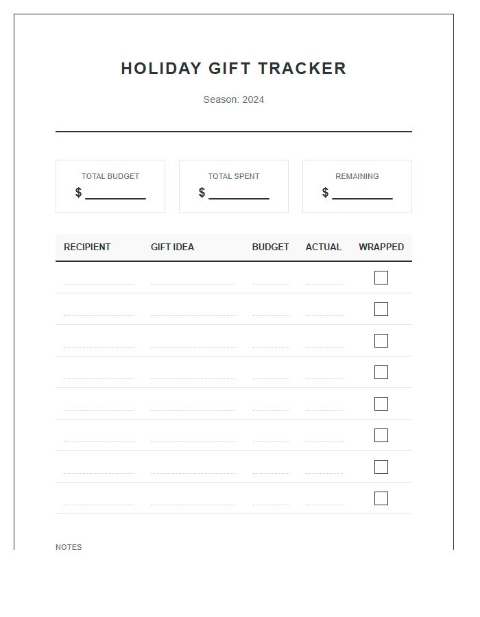 Holiday Season Gift Spending Printable Chart