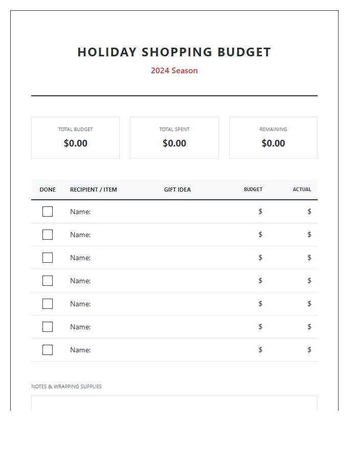 Holiday Shopping List Printable Budget Chart