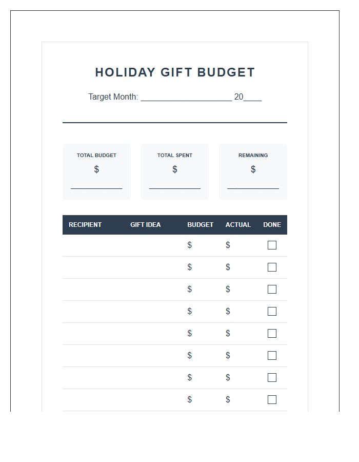 Monthly Holiday Gift Printable Budgeting Chart