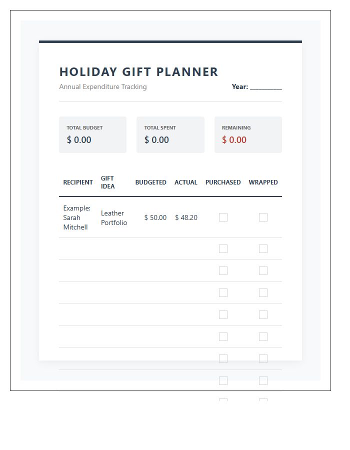 Professional Holiday Gift Printable Budget Chart