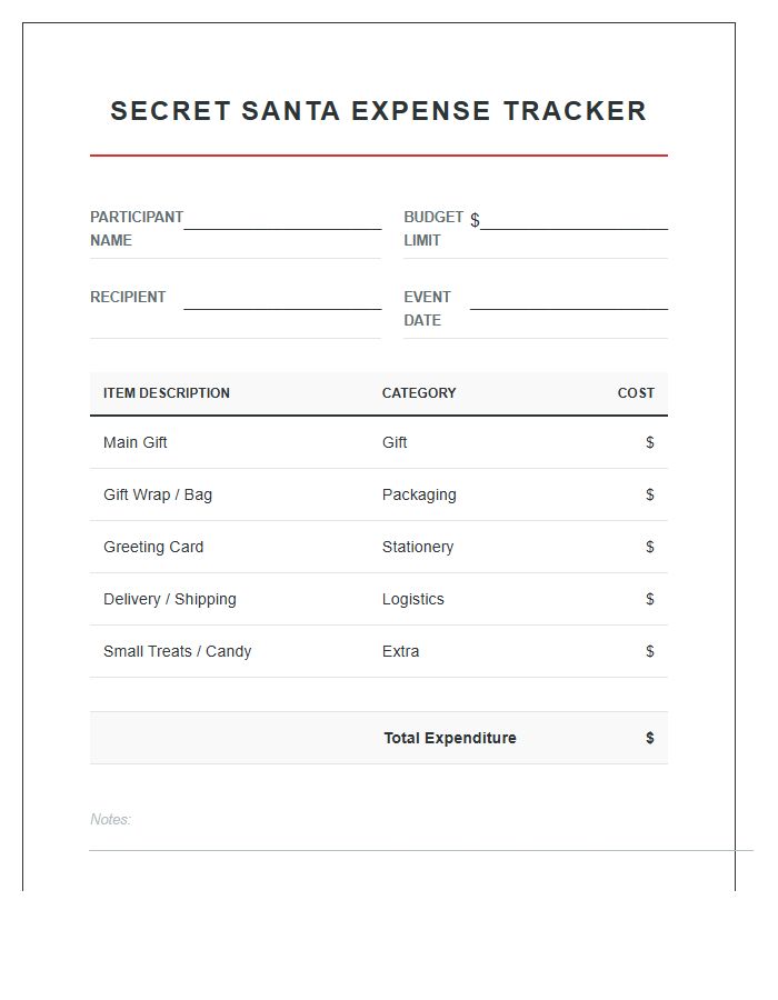 Secret Santa Gift Printable Expense Chart