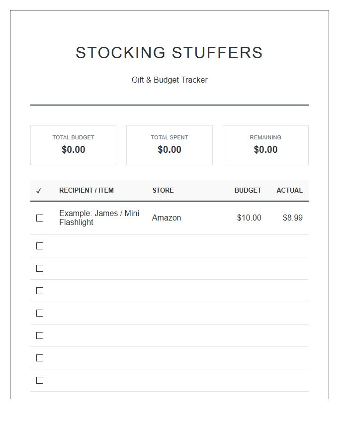 Stocking Stuffer Printable Gift Budget Chart