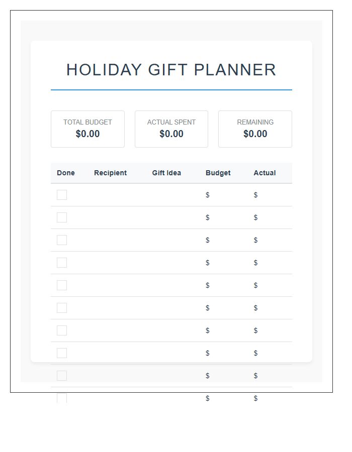 Winter Holiday Gift Printable Cost Chart