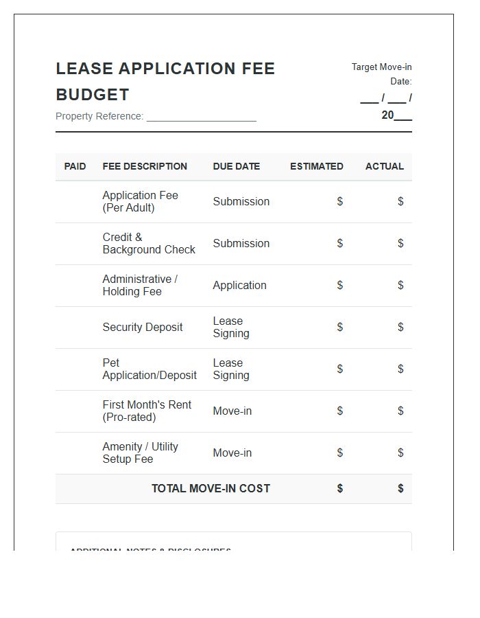 Apartment Lease Application Fee Printable Budget Chart