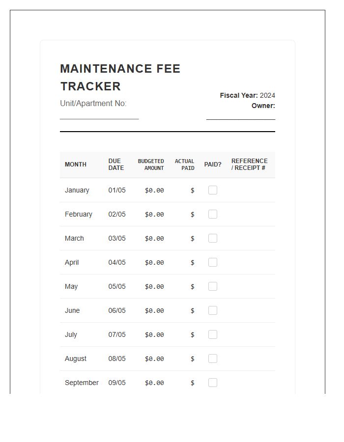 Apartment Maintenance Fee Tracking Printable Budget Chart