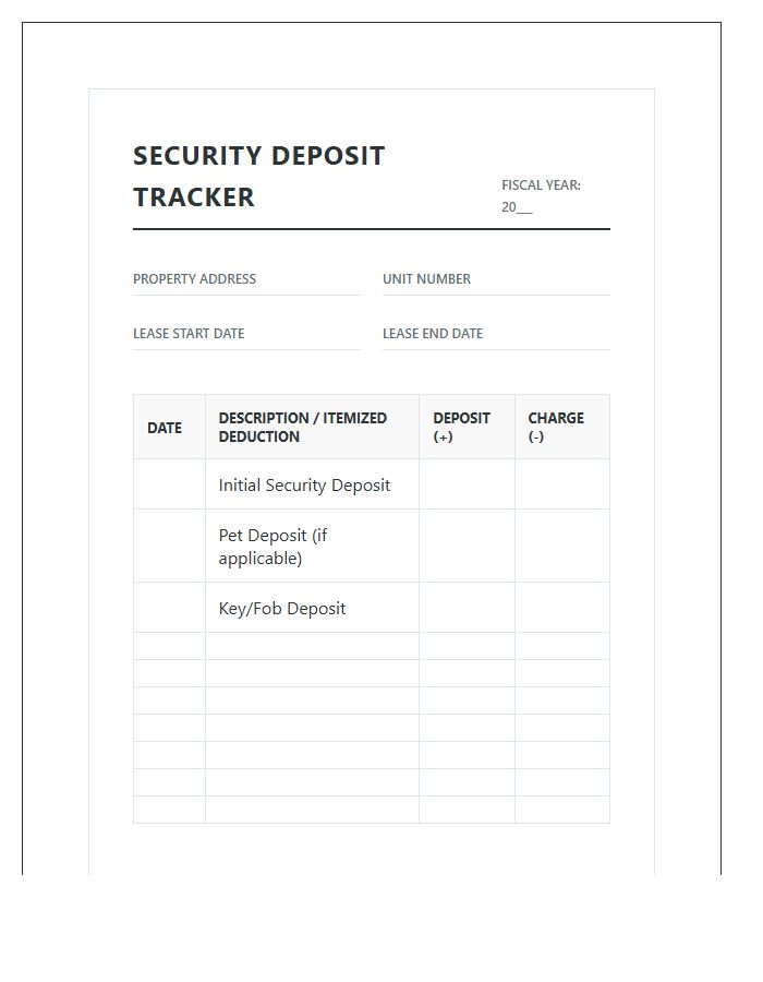 Apartment Security Deposit Tracking Printable Budget Chart