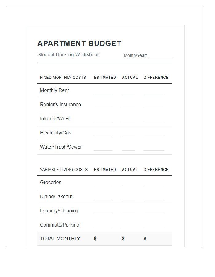 College Student Apartment Rental Printable Budget Chart