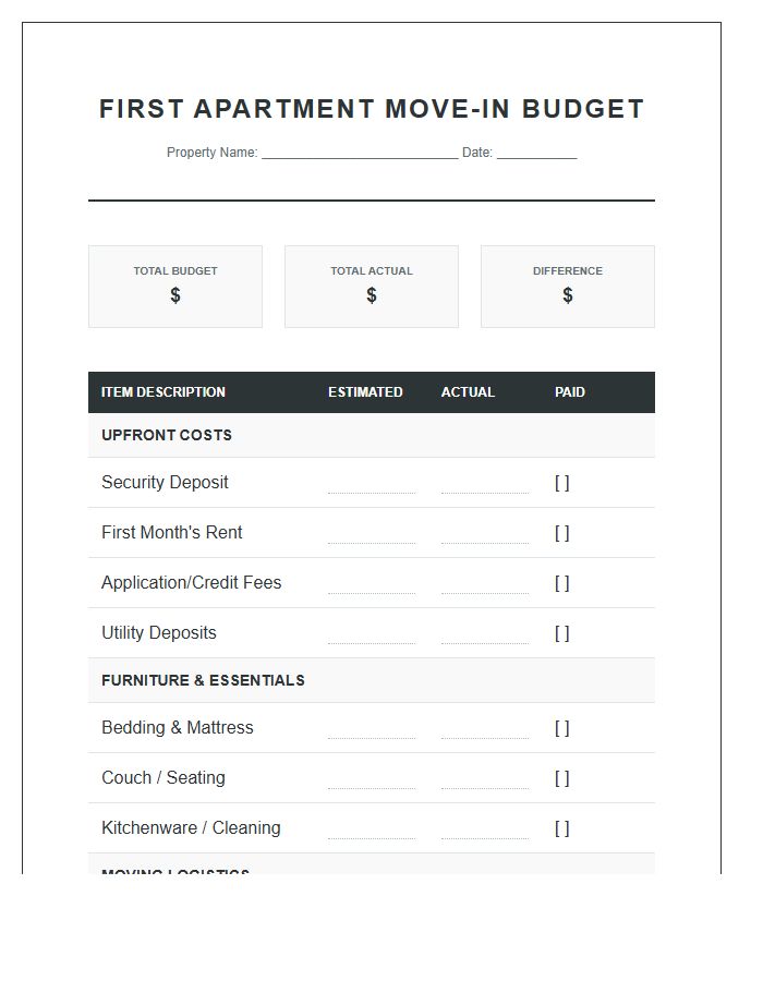 First Apartment Move In Printable Budget Chart