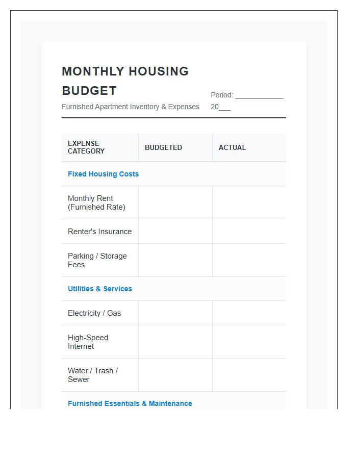 Furnished Apartment Monthly Cost Printable Budget Chart
