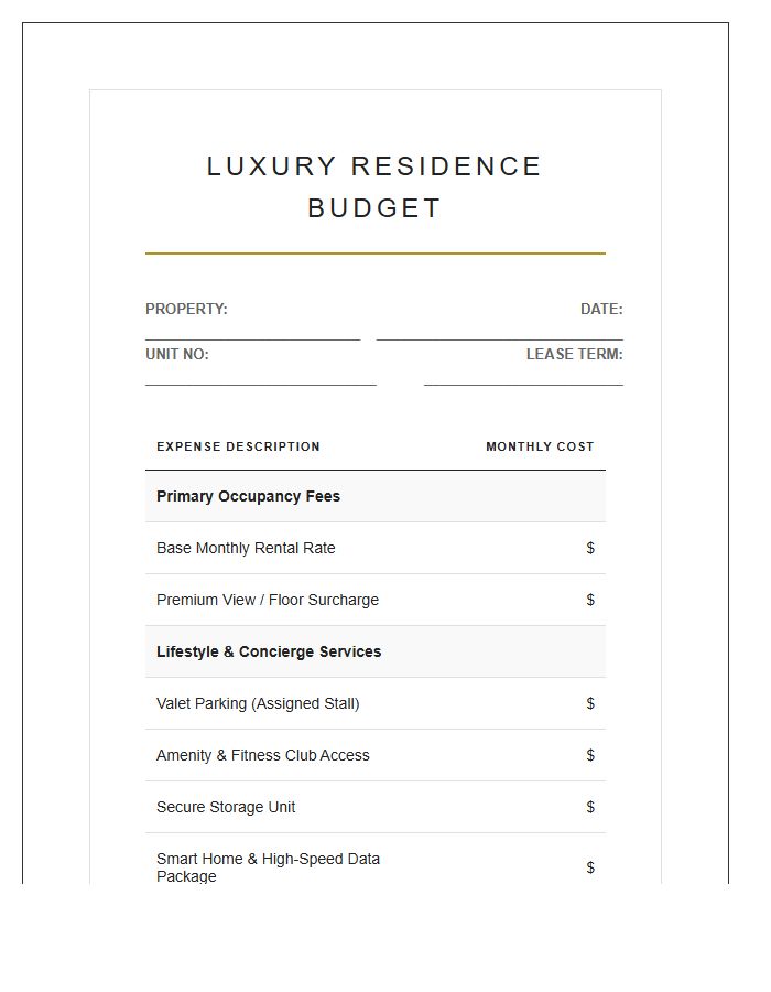 Luxury Apartment Rental Fee Printable Budget Chart