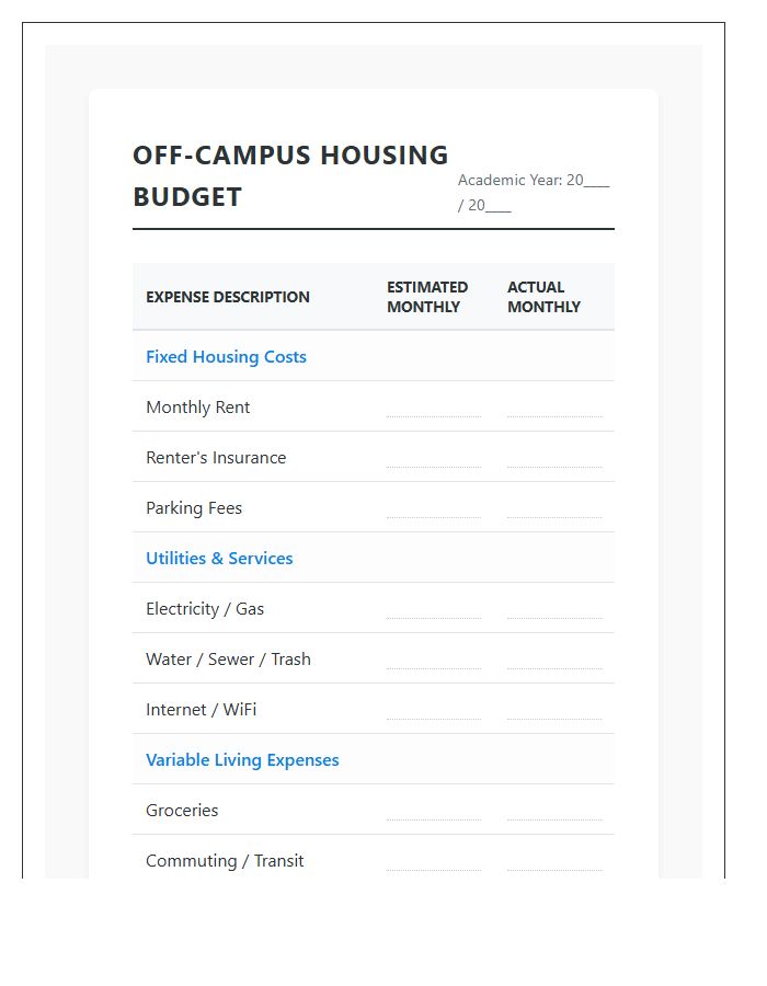 Off Campus Housing Rental Printable Budget Chart