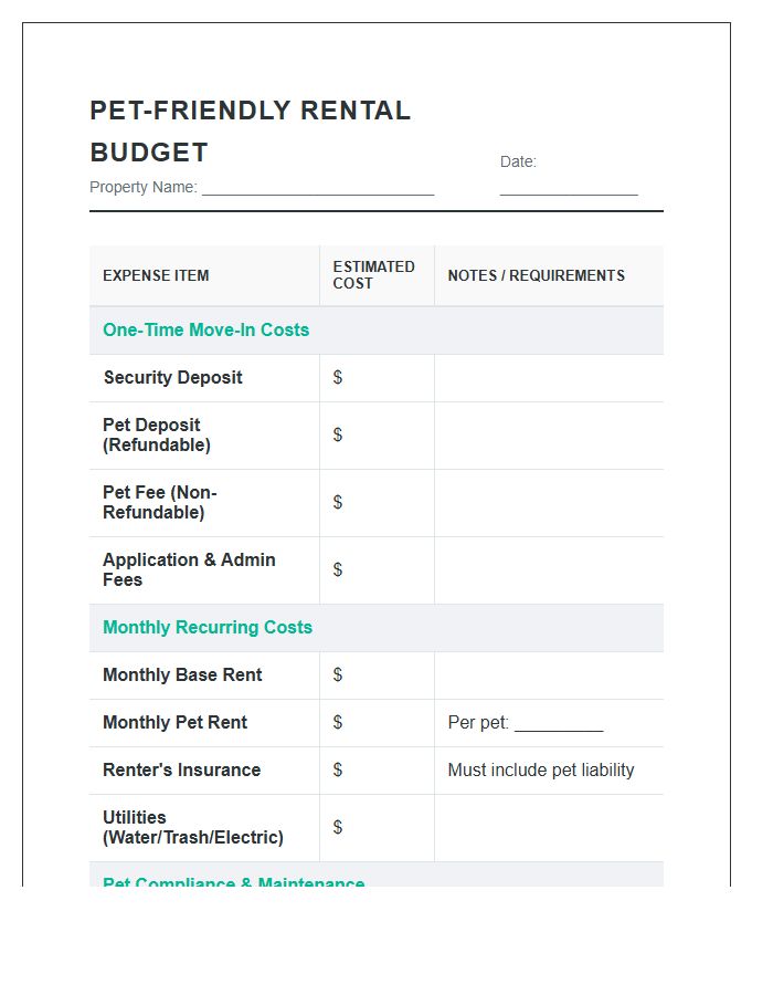 Pet Friendly Apartment Rental Printable Budget Chart