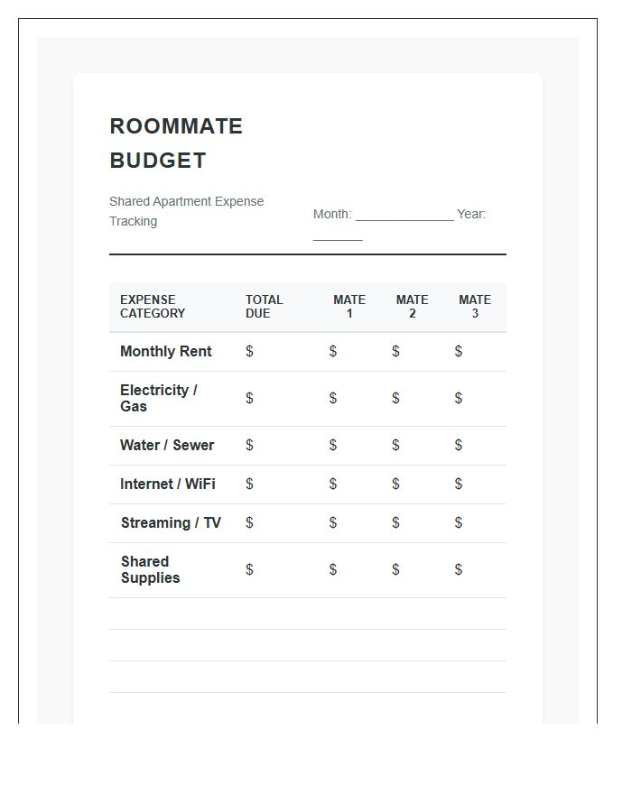 Shared Apartment Roommate Expense Printable Budget Chart
