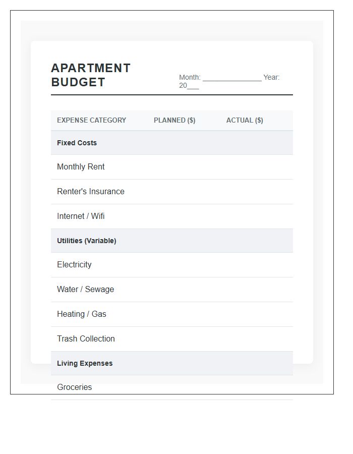 Small Apartment Rental Budget Printable Chart