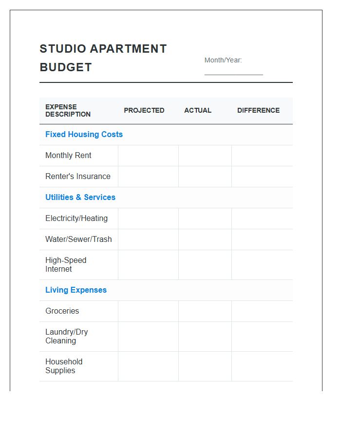 Studio Apartment Living Cost Printable Budget Chart