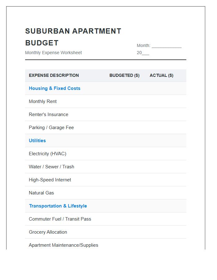 Suburban Apartment Monthly Cost Printable Budget Chart