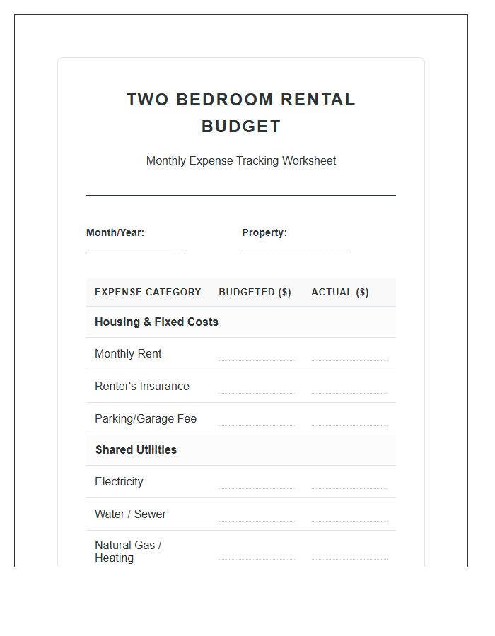 Two Bedroom Rental Expense Printable Budget Chart