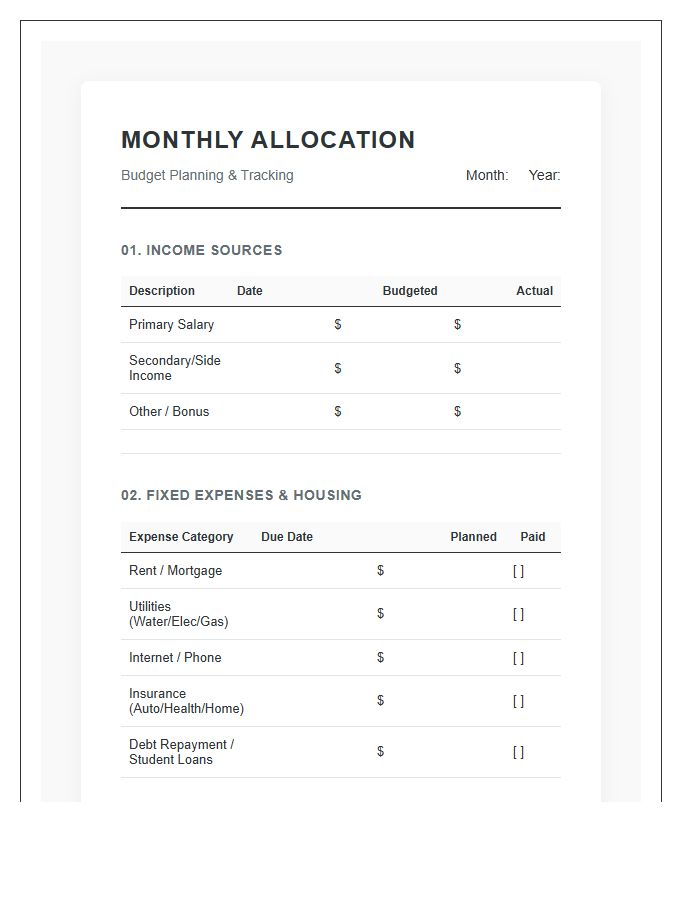Comprehensive Monthly Income Allocation Printable Budget Chart