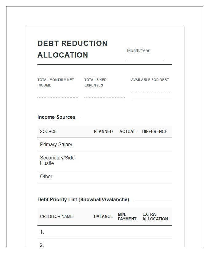 Debt Reduction Monthly Income Allocation Printable Budget Chart