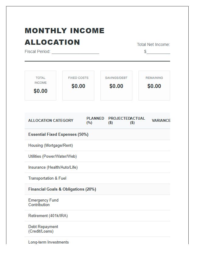 Detailed Monthly Income Allocation Printable Budget Chart