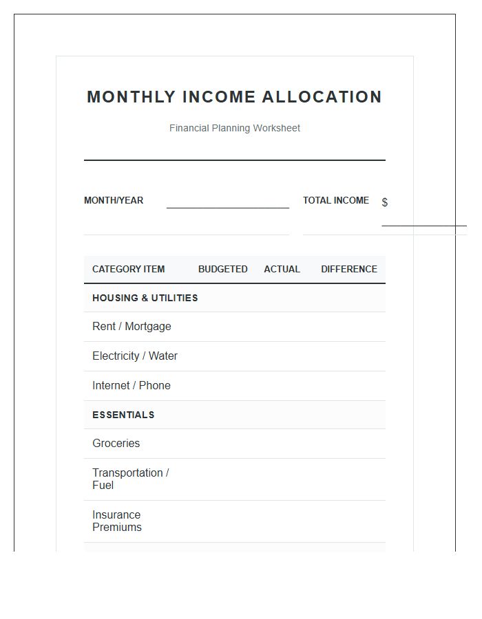 Essential Monthly Income Allocation Printable Budget Chart