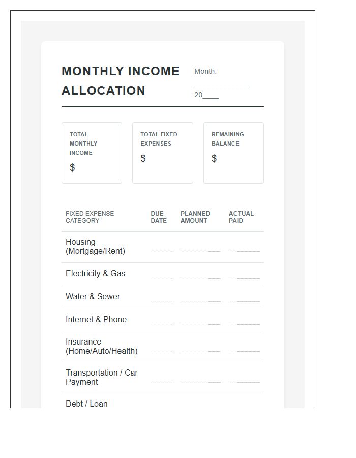 Fixed Expense Monthly Income Allocation Printable Budget Chart