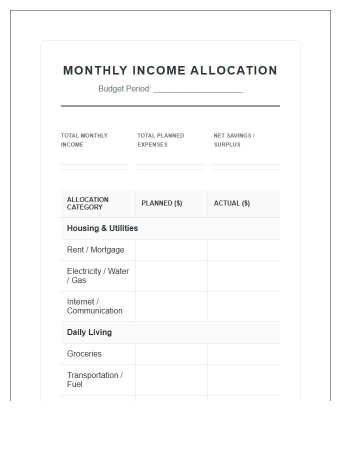 Household Monthly Income Allocation Printable Budget Chart