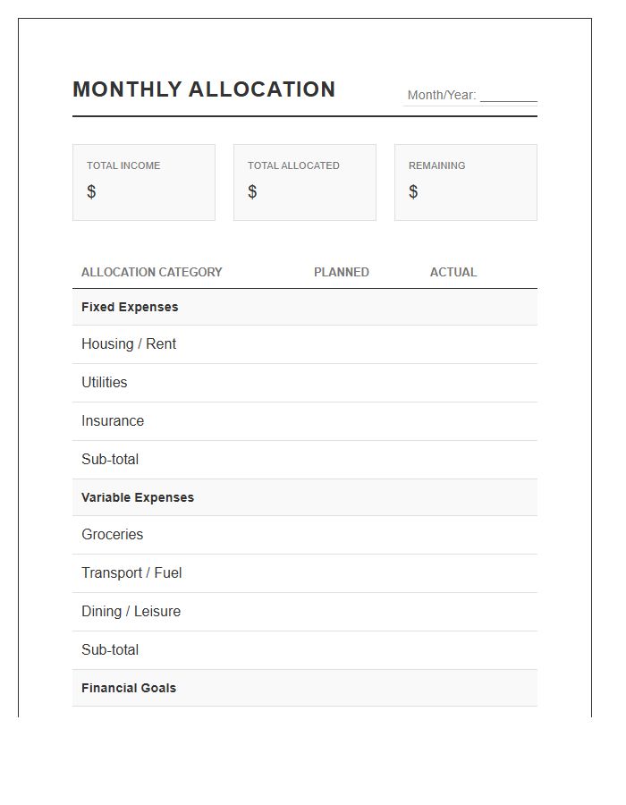 Minimalist Monthly Income Allocation Printable Budget Chart