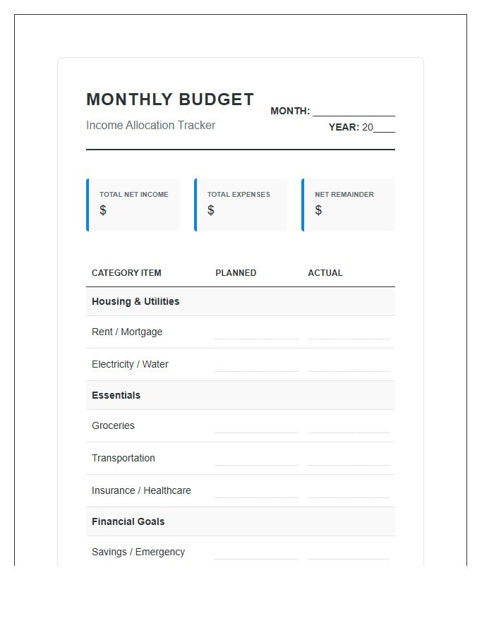 Monthly Income Allocation Printable Budget Chart