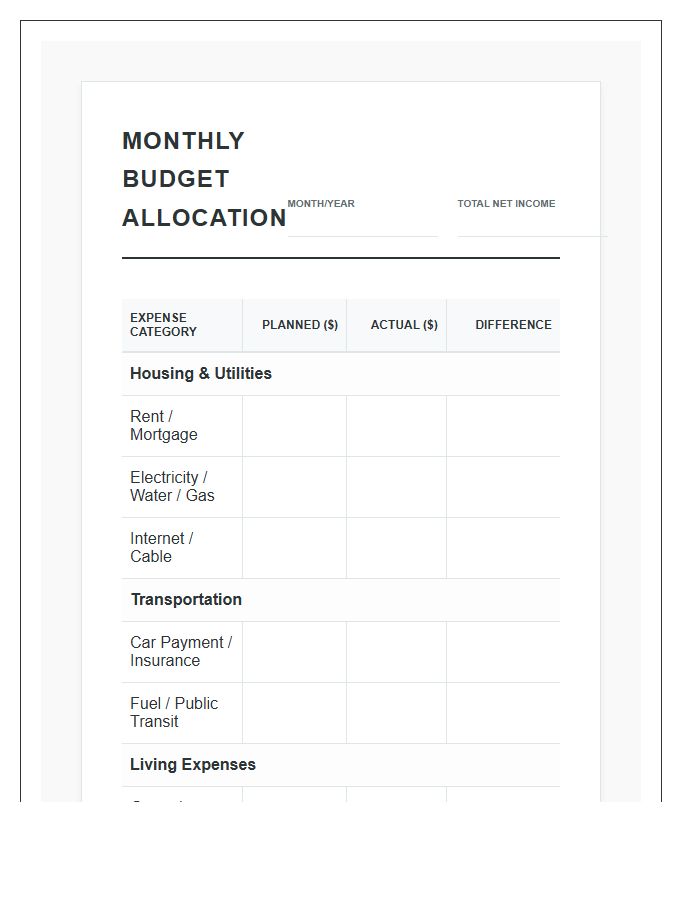 Monthly Income Allocation Printable Budget Planning Chart