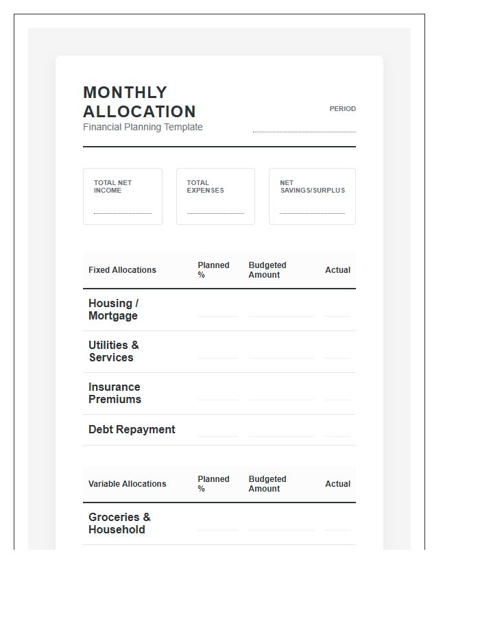 Professional Monthly Income Allocation Printable Budget Chart