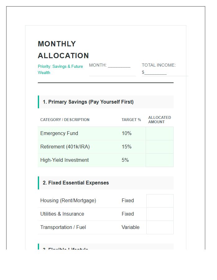 Savings Focused Monthly Income Allocation Printable Budget Chart