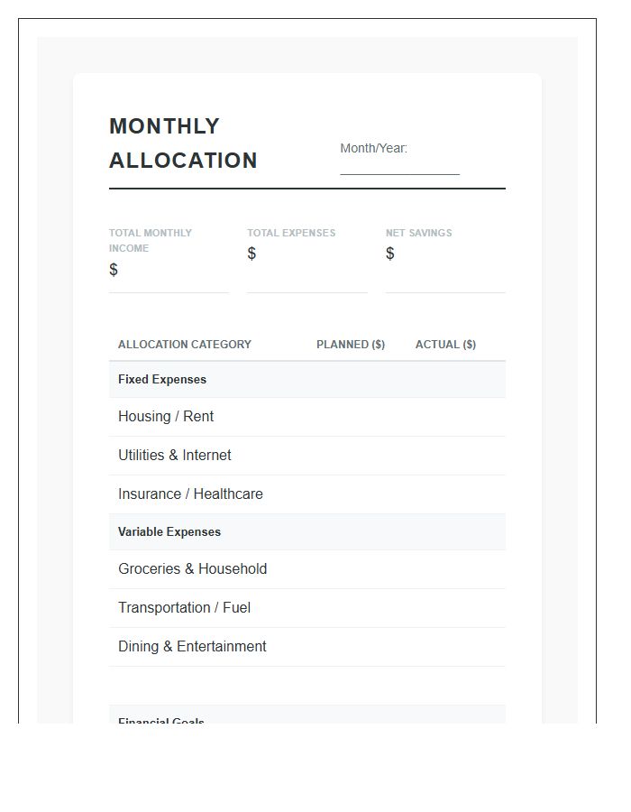 Simple Monthly Income Allocation Printable Budget Chart